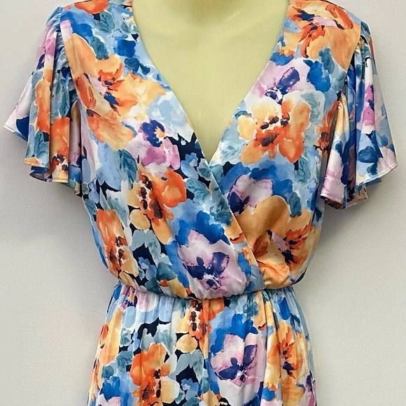 Nicole Miller Blue and Orange Floral Ruffle Front Tiered Maxi Dress size S - Picture 9 of 10